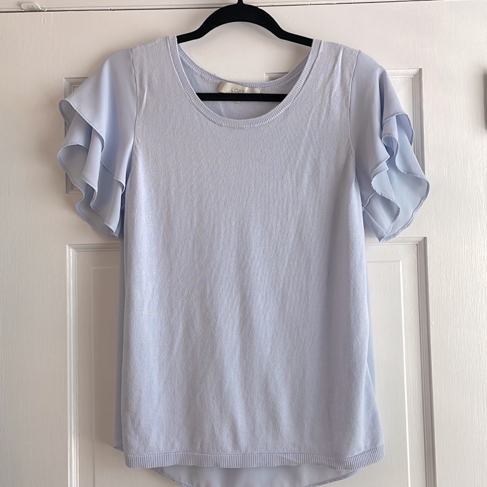 Flutter sleeve mixed-media top in light blue